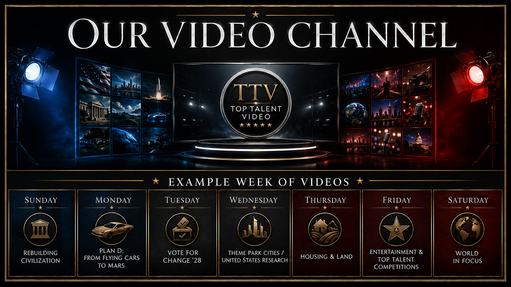 Our Video Channel graphic showing an example week of seven TOP TALENT VIDEO series.
